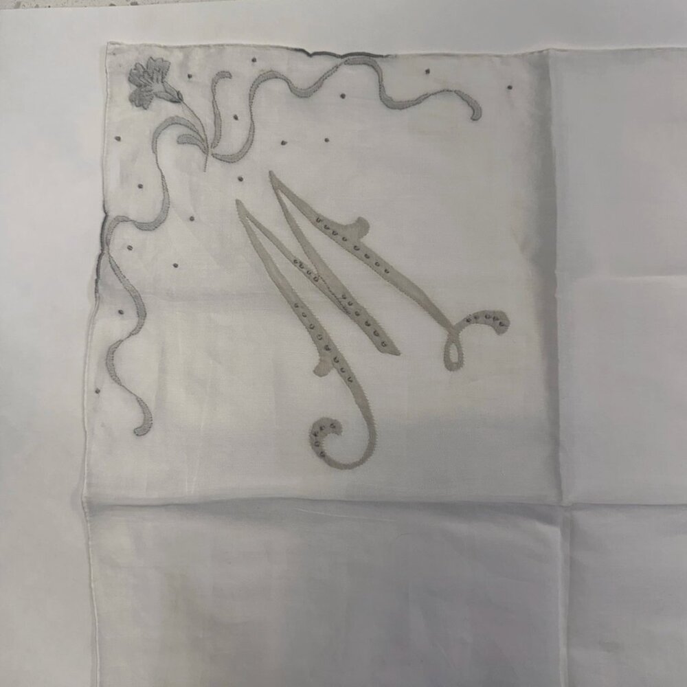Vintage Bridal Monogram M W Wedding Handkerchief Embroidered Floral Hankie 16" - Picture 1 of 3